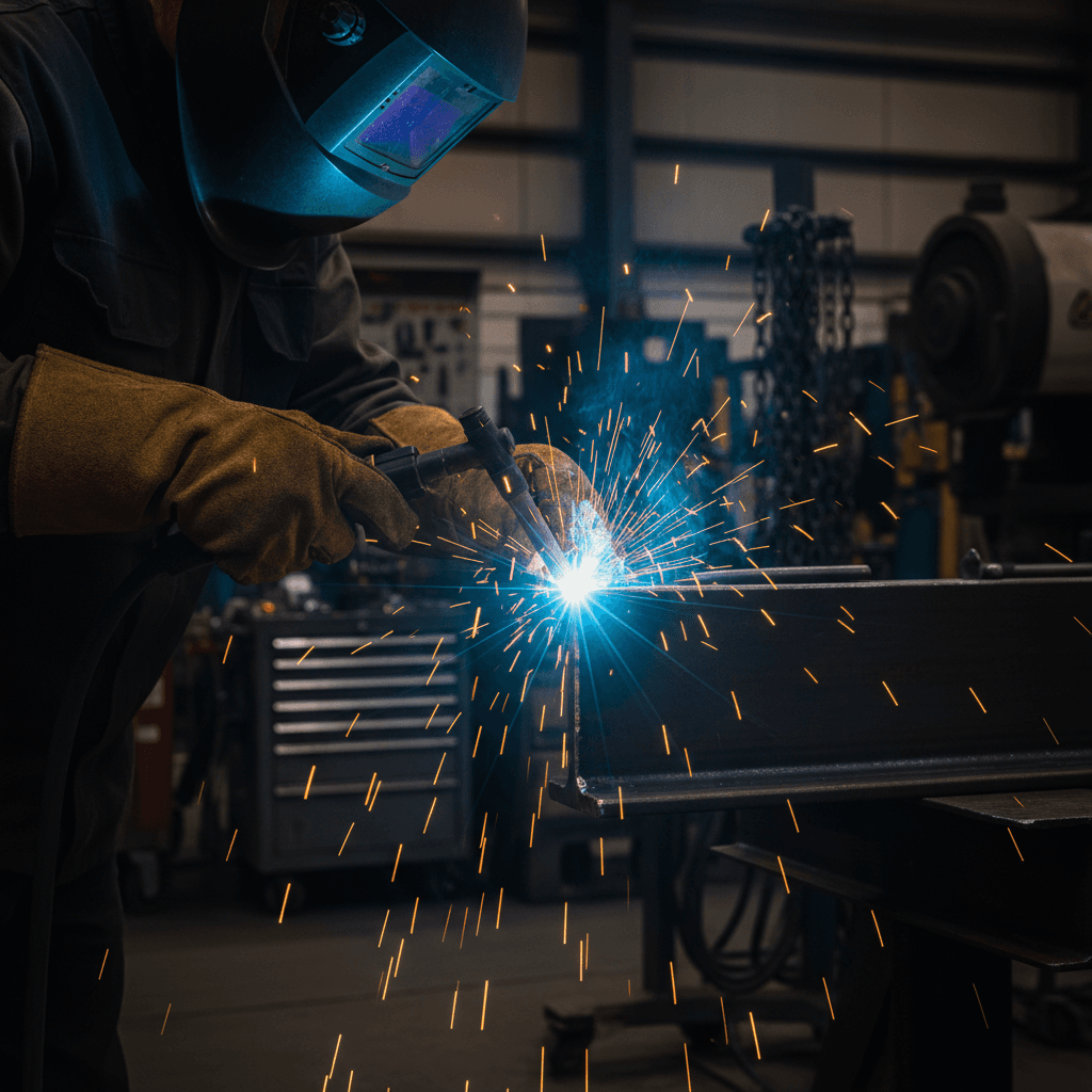 Welder repairing a cracked aluminum rim in a workshop