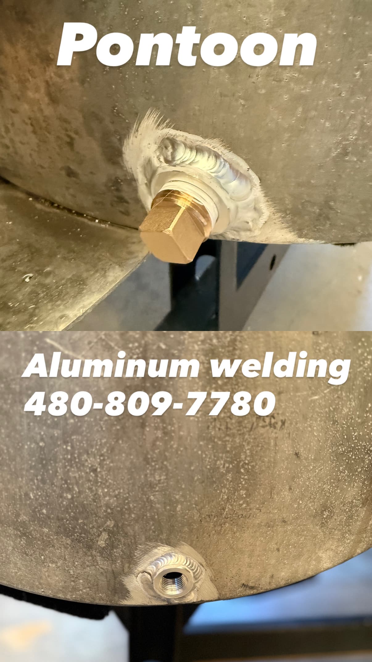 Close-up views of a brass plug and threaded hole welded onto a curved aluminum pontoon.