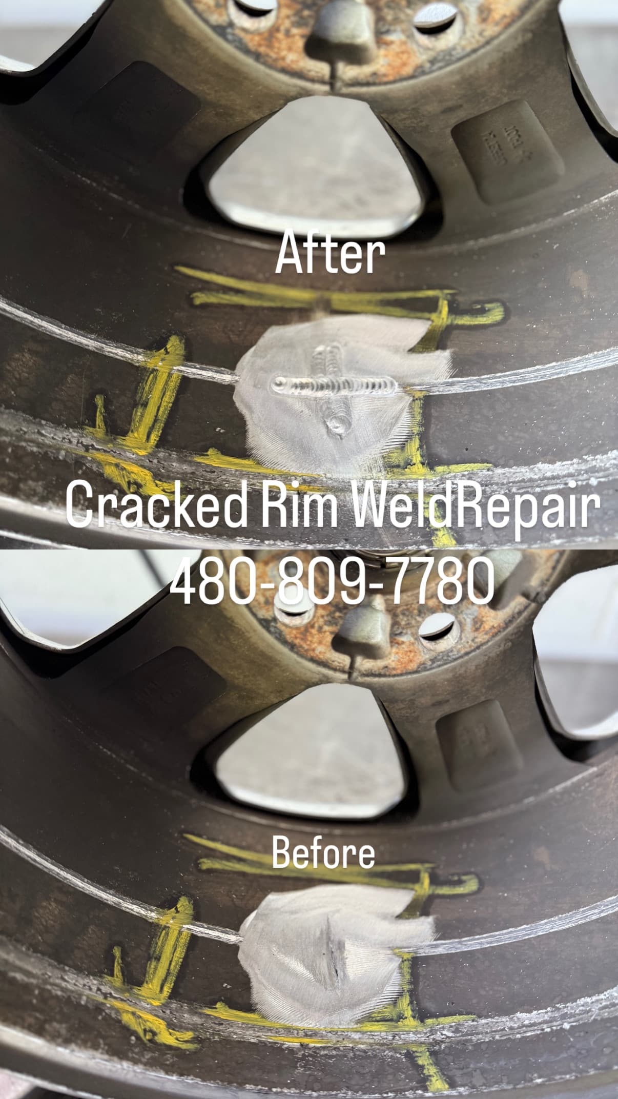 Comparison showing a cracked car rim before and after a professional metal weld repair.